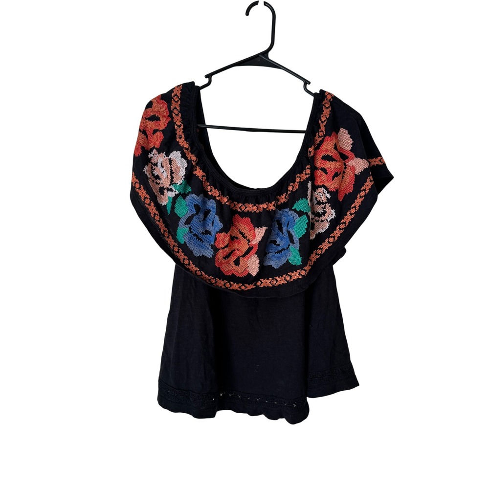 Free People Black Embroidered Floral Off Shoulder Ruffle Top OB488771 Large